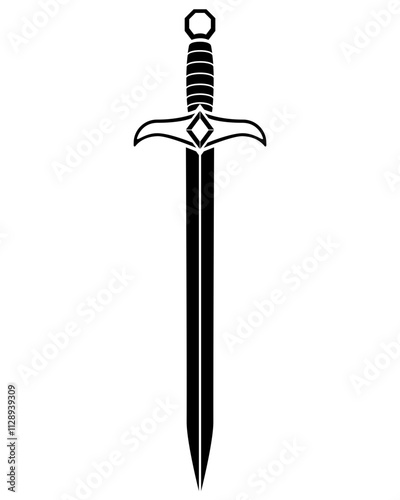 Sword, blade cold weapon decorated with gems - vector silhouette image for stencil, logo or pictogram. Sword, dagger medieval weapon for icon or sign