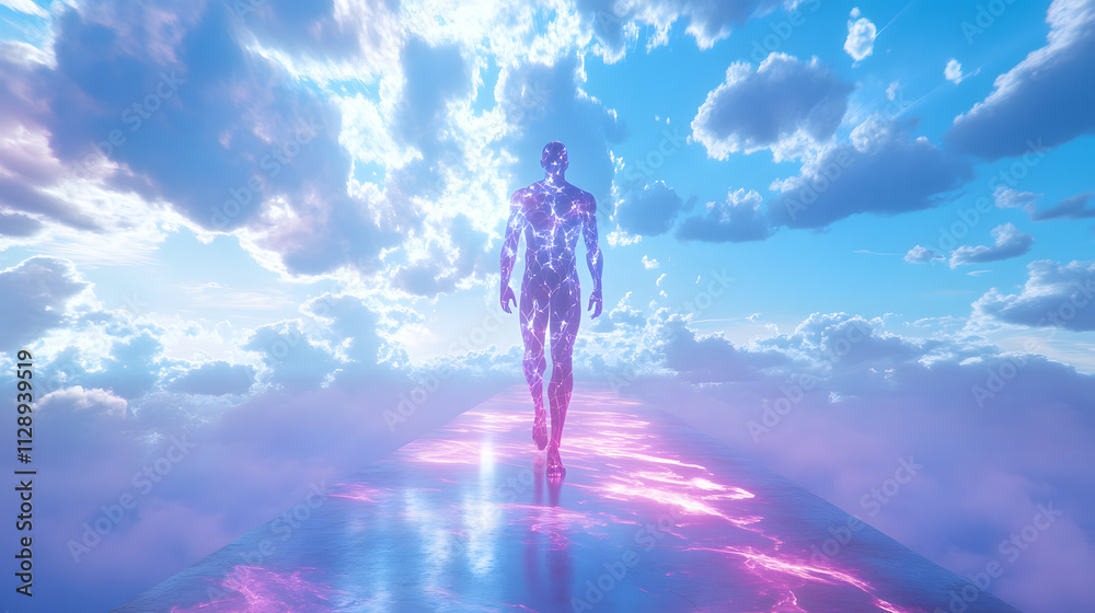 Fototapeta premium A humanoid covered in shifting liquid-like holographic patterns walking on a levitating pathway in a sky of endless storms.