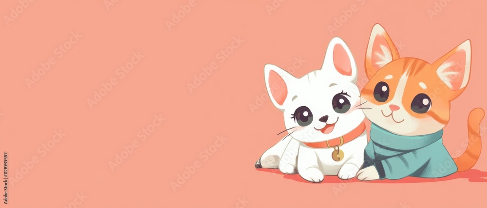 Obraz premium Adorable Cartoon Kittens Cuddling: White and Orange Cat Illustration