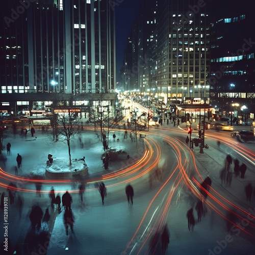 City square at night with glowing lights photo