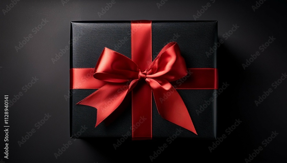 a black gift box adorned with a red ribbon against a black background features a red bow atop it a black gift box adorned with a red ribbon against a black background features a red bow atop it