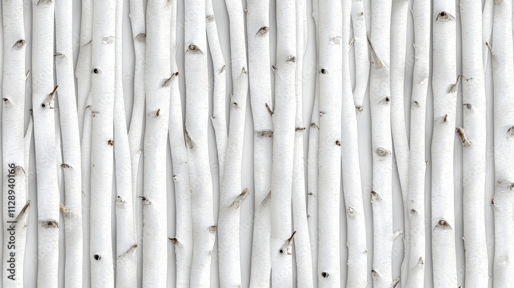 Fototapeta premium A close-up view of white birch tree trunks, showcasing their slender, smooth texture and distinct black markings against a pale background.