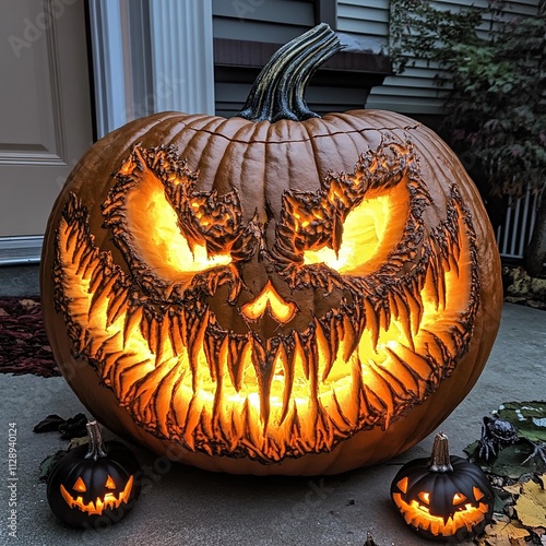 Illuminated carved Halloween pumpkin with menacing face and two small pumpkins. photo