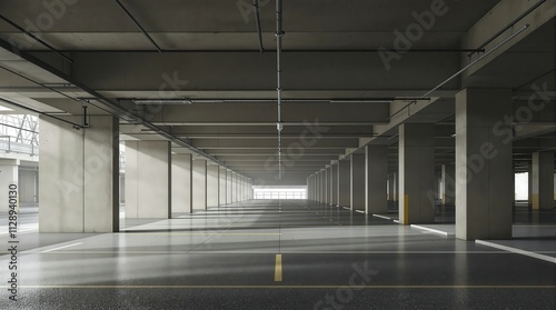 Symmetrical perspective of a large empty parking garage with a vanishing point, ideal for urban or industrial design concepts. photo