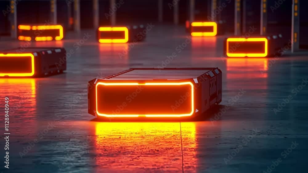 Futuristic Scene with Neon-Illuminated Boxes in a Dark Industrial Environment Futuristic Scene with Neon-Illuminated Boxes in a Dark Industrial Environment