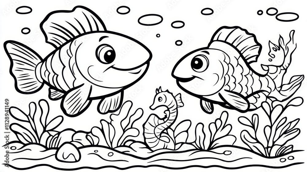 Underwater Scene with Two Cartoon Fish and Seahorse Underwater Scene with Two Cartoon Fish and Seahorse