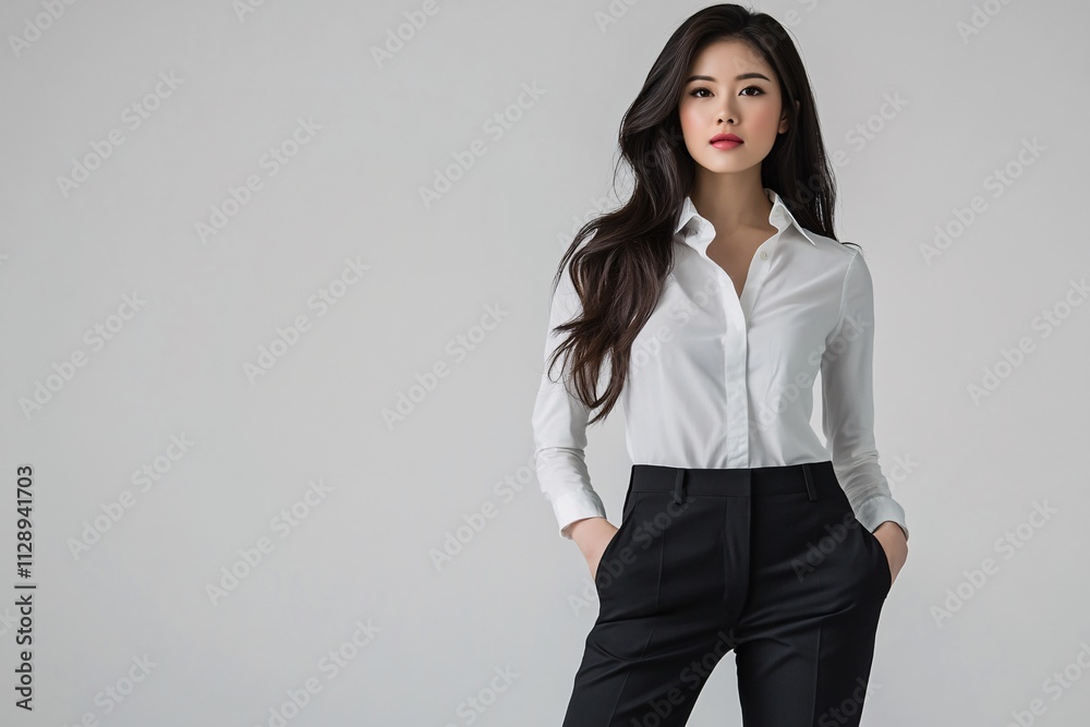 Confident young woman in business attire, white shirt, black pants, stylish shoes, looking to the side, professional pose, clear plain background, medium close-up 2