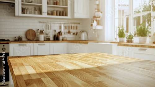 Wooden light empty table top in modern white kitchen, kitchen panel in interior