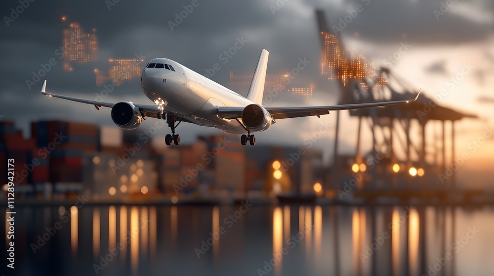 Cargo plane in motion with holographic trade data visuals floating around, representing global commerce, 3D rendering