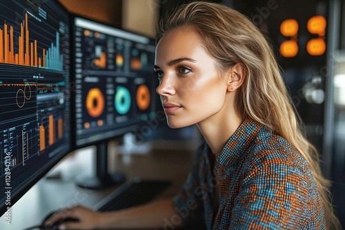 Focused businesswoman analyzing data on multiple computer screens.