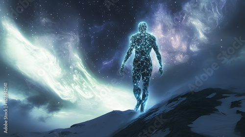 A humanoid with fractal-patterned skin walking on a fractal-shaped mountain under swirling auroras. photo