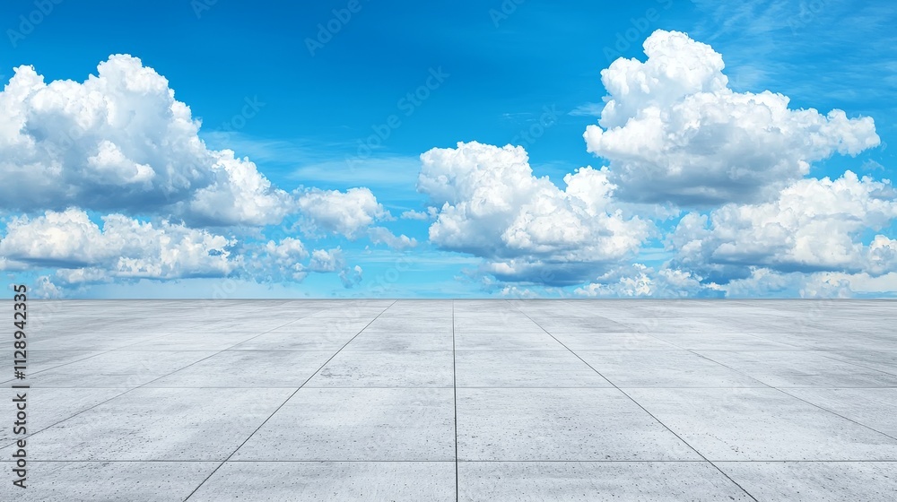 A three-dimensional depiction of a blue sky dotted with white clouds above a concrete floor. A three-dimensional depiction of a blue sky dotted with white clouds above a concrete floor.