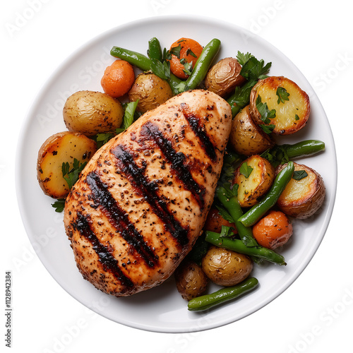 A grilled chicken breast with roasted vegetables like carrots, potatoes, and green beans on a white plate isolated on a transparent background