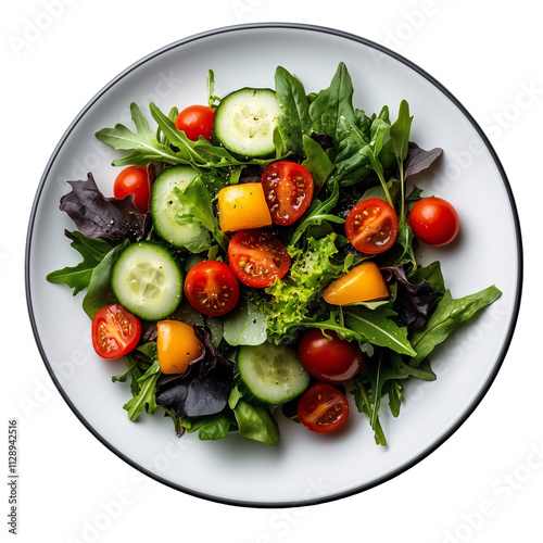  set of a white plate filled with a variety of fresh mixed greens, cherry tomatoes, cucumber slices, and red onion rings, drizzled with balsamic vinaigrette isolated on a transparent background