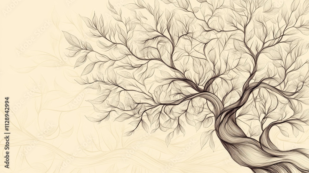 Fototapeta premium Delicate doodle line art of a tree, with flowing branches and detailed leaves, set against a soft, neutral background for a peaceful look
