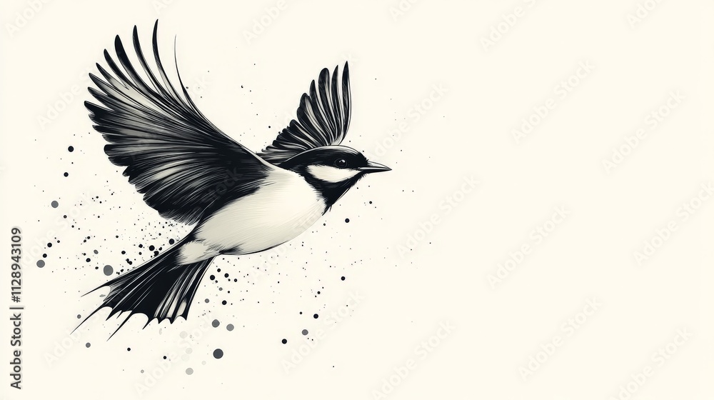 Obraz premium A flat, minimalist 2D vector illustration of a bird in flight, clean black and white design, isolated on a white background.
