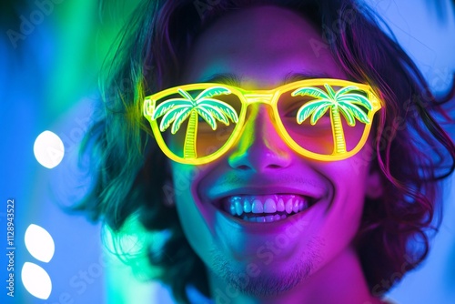 A young man wearing neon glasses shaped like palm trees, smiling brightly, vibrant neon lighting, tropical background, medium close-up angle 1