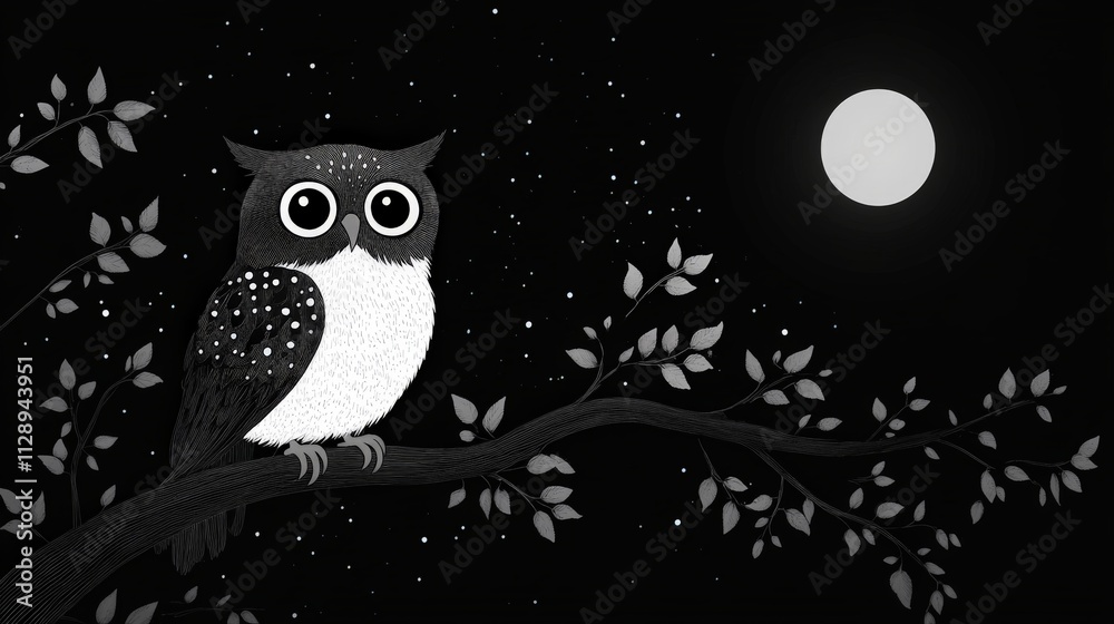 Fototapeta premium A flat minimalist illustration of an owl sitting on a tree branch at night, in black and white.