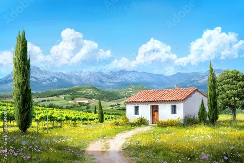 Wallpaper Mural A peaceful vineyard scene featuring a quaint house and mountains in the distance. Torontodigital.ca