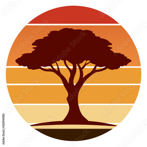 banyan tree silhouette in desert on retro vintage background vector art illustration t-shirt design art