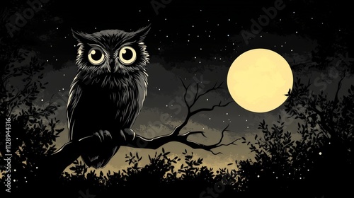A flat minimalist illustration of an owl sitting on a tree branch at night, in black and white.