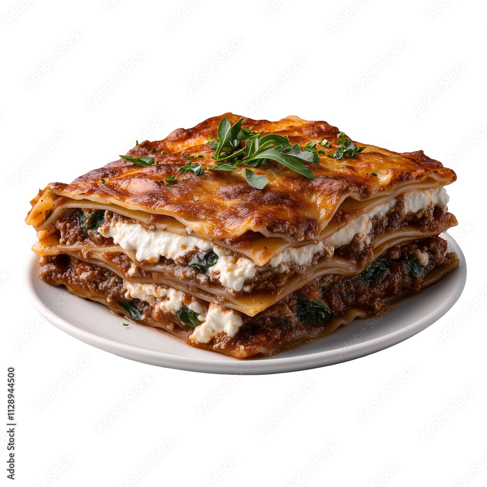A white plate with slice of classic Italian lasagne with layers of pasta, meat sauce, ricotta cheese, and melted mozzarella isolated on a transparent background A white plate with slice of classic Italian lasagne with layers of pasta, meat sauce, ricotta cheese, and melted mozzarella isolated on a transparent background