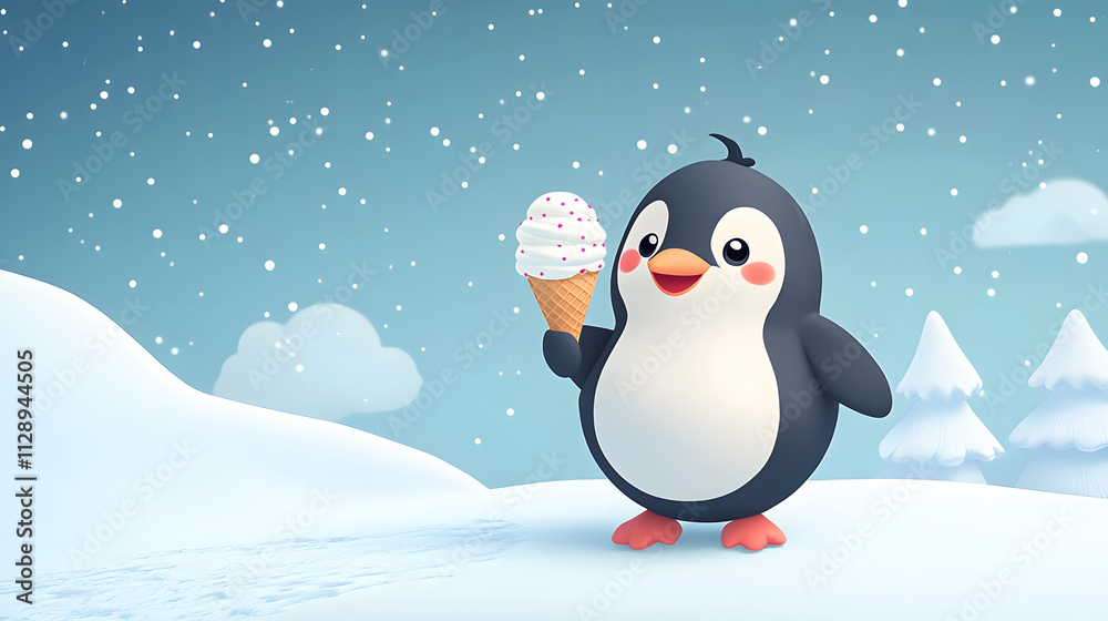 A joyful cartoon penguin holding an ice cream cone on a snowy slope. A joyful cartoon penguin holding an ice cream cone on a snowy slope.