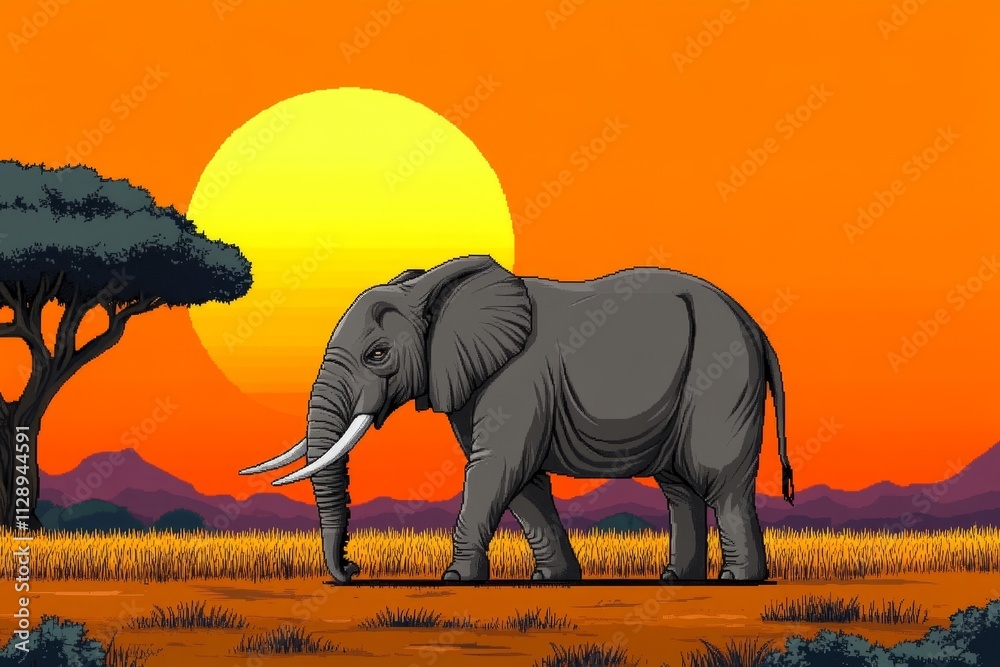 Fototapeta premium A pixel art depiction of an elephant in a vibrant savanna, with animated swaying grass and a bright 8-bit sun in the background