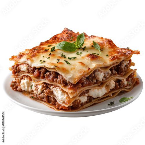 A white plate with  slice of classic Italian lasagne with layers of pasta, meat sauce, ricotta cheese, and melted mozzarella isolated on a transparent background