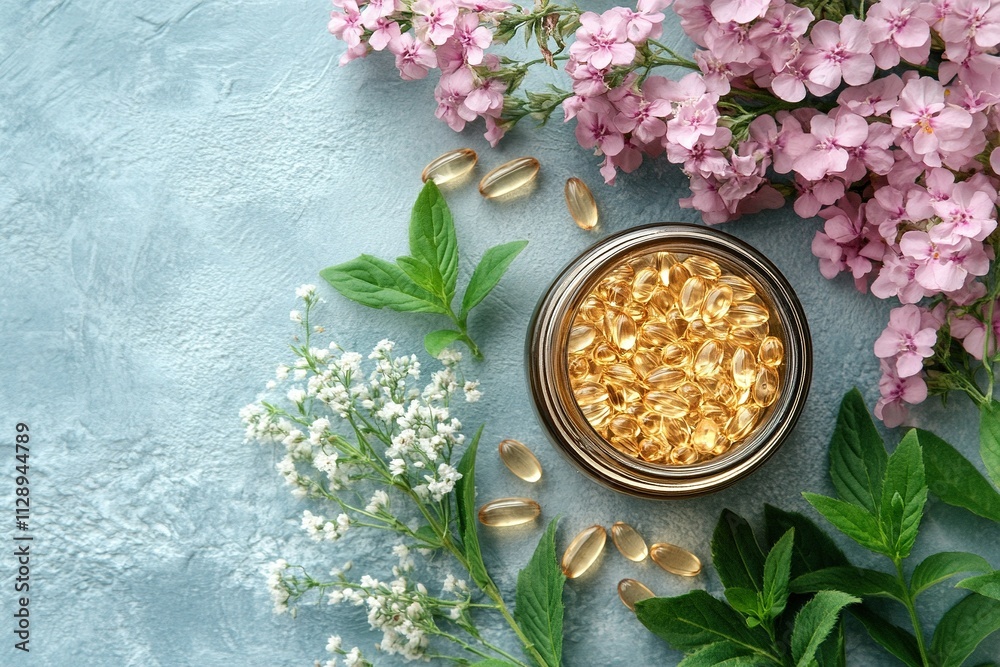 Glass jar of golden capsules surrounded by flowers and herbs on a blue background. Glass jar of golden capsules surrounded by flowers and herbs on a blue background.