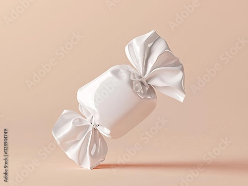 3D candy wrapper mockup with glossy white surface, floating in mid-air, set against a neutral beige background for a fresh approach