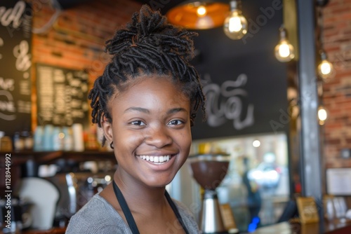 Portrait of a smiling African American woman in a cafe