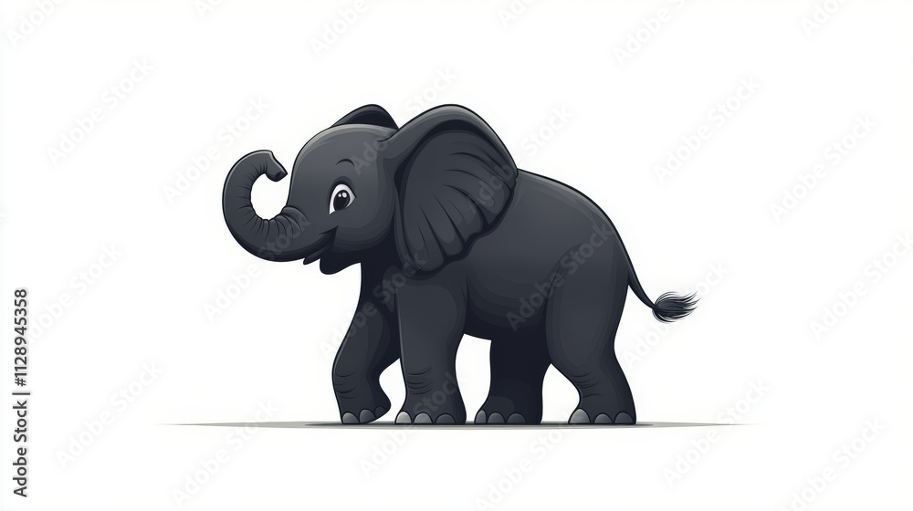 Obraz premium A simple black and white cartoon of an elephant lifting its trunk, flat vector design, on a white background.
