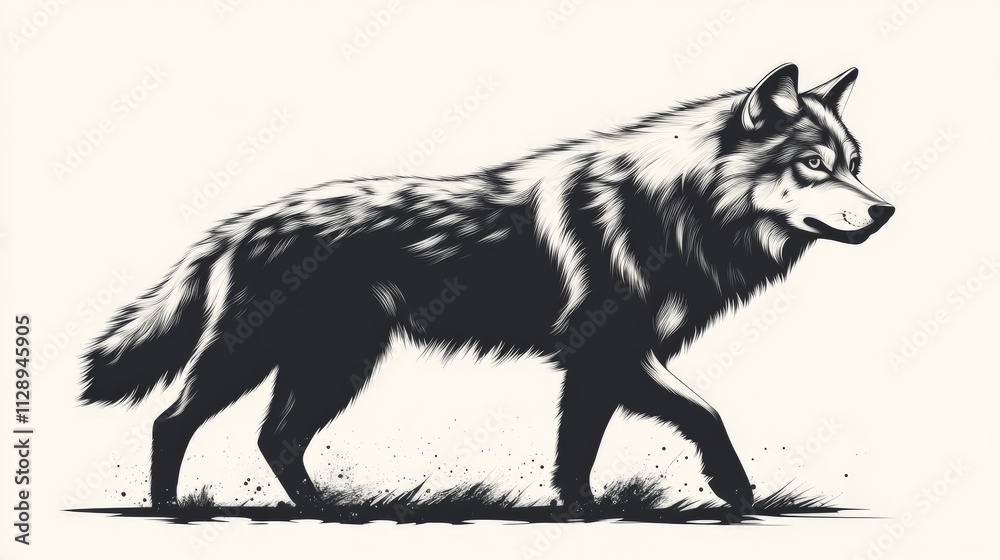 Fototapeta premium A simple black and white cartoon wolf in a walking position, clean vector lines, isolated on a white background