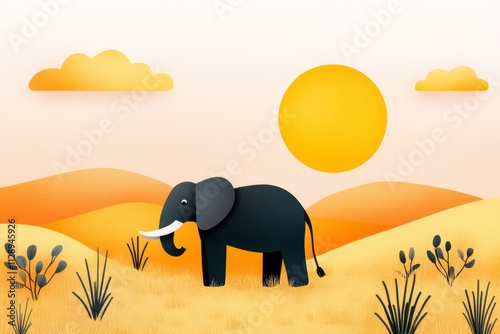 A retro-style poster of an elephant in the savanna, with bold typography and muted earth tones capturing a nostalgic safari vibe photo