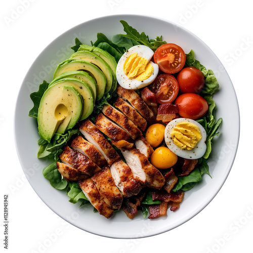 A top view of white plate with Cobb salad, featuring rows of diced chicken, avocado, tomatoes, hard-boiled eggs, blue cheese, and bacon bits on mixed greens, isolated on a transparent background photo