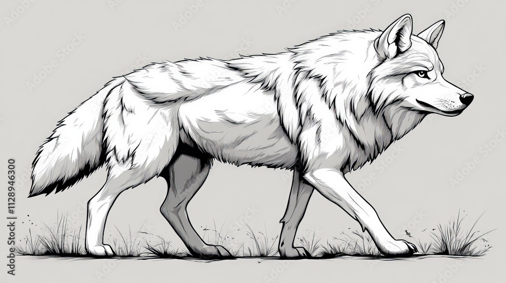 Obraz premium A simple black and white cartoon wolf in a walking position, clean vector lines, isolated on a white background