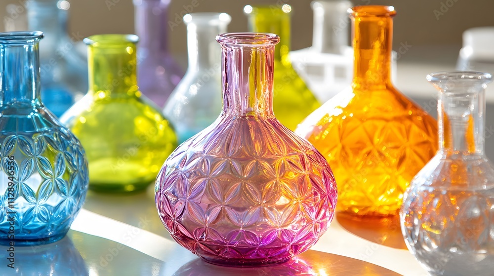 A close-up view of glass flasks holding bright, colorful liquids, their translucent surfaces reflecting light in detailed, intricate patterns on a clean laboratory table. A close-up view of glass flasks holding bright, colorful liquids, their translucent surfaces reflecting light in detailed, intricate patterns on a clean laboratory table.