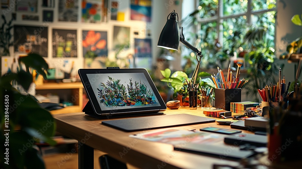 Creative workspace with tablet displaying artwork, desk lamp, art supplies, and plants. Creative workspace with tablet displaying artwork, desk lamp, art supplies, and plants.