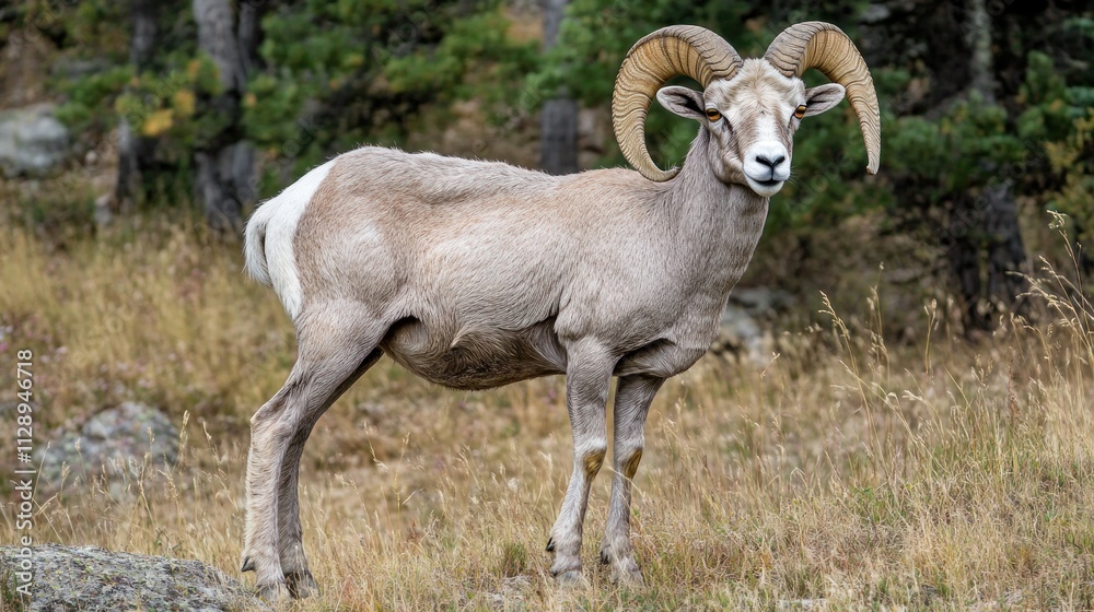 A bighorn sheep stands in a natural setting, showcasing its impressive curved horns. A bighorn sheep stands in a natural setting, showcasing its impressive curved horns.