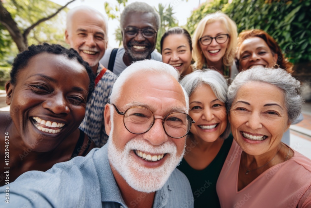 Obraz premium Smiling diverse group of seniors taking a selfie outdoors