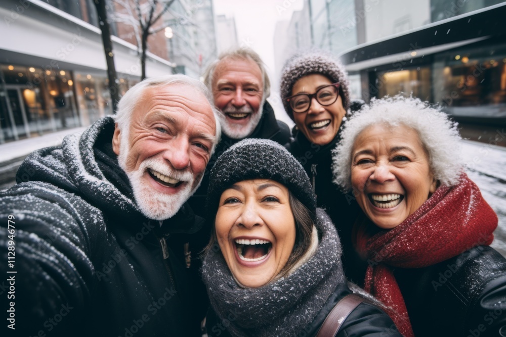 Smiling diverse group of seniors taking a selfie outdoors Smiling diverse group of seniors taking a selfie outdoors