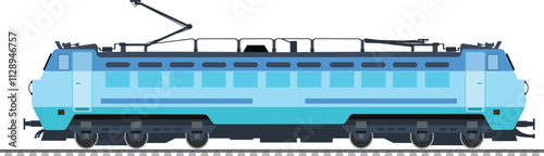 Electric locomotive with white background, side view of a train on track, vector