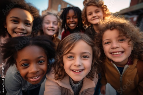 Smiling diverse group of kids taking a selfie outdoors