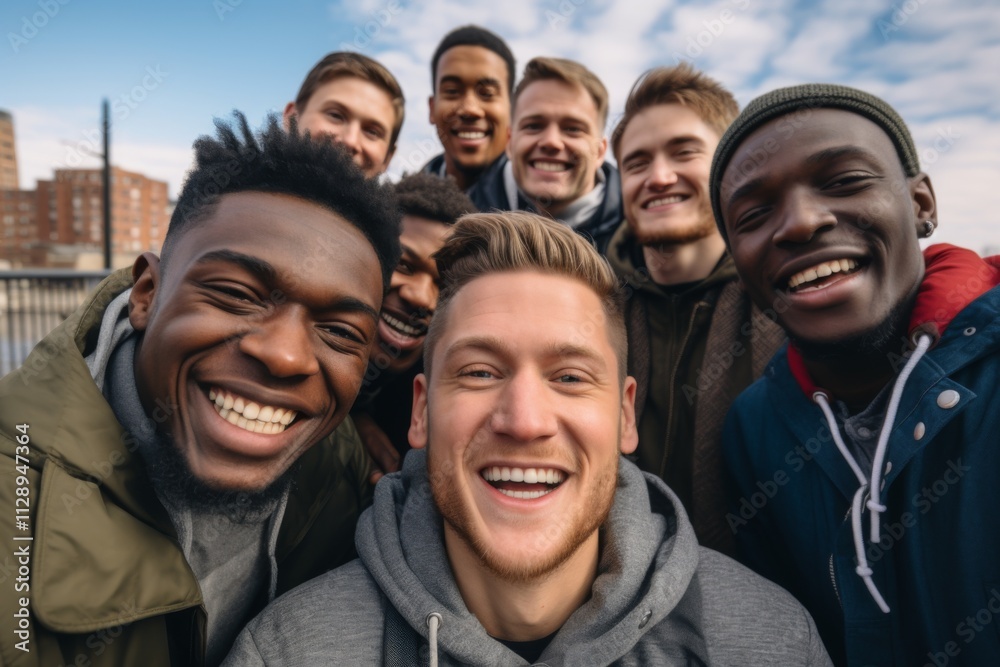 Smiling diverse group of gay guys taking a selfie outdoors Smiling diverse group of gay guys taking a selfie outdoors