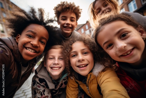 Smiling diverse group of kids taking a selfie outdoors