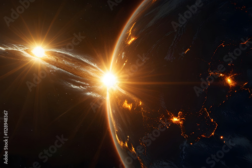 The universe system of light, the sun shines brightly and stars surround the earth.