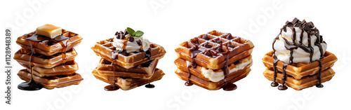  set of stacks of classic golden waffles with different topping  like melting butter, cream and maple syrup isolated on a transparent background