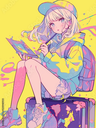 Stylish anime girl artist sketching on a travel journal while sitting on a suitcase, vibrant pop art style.