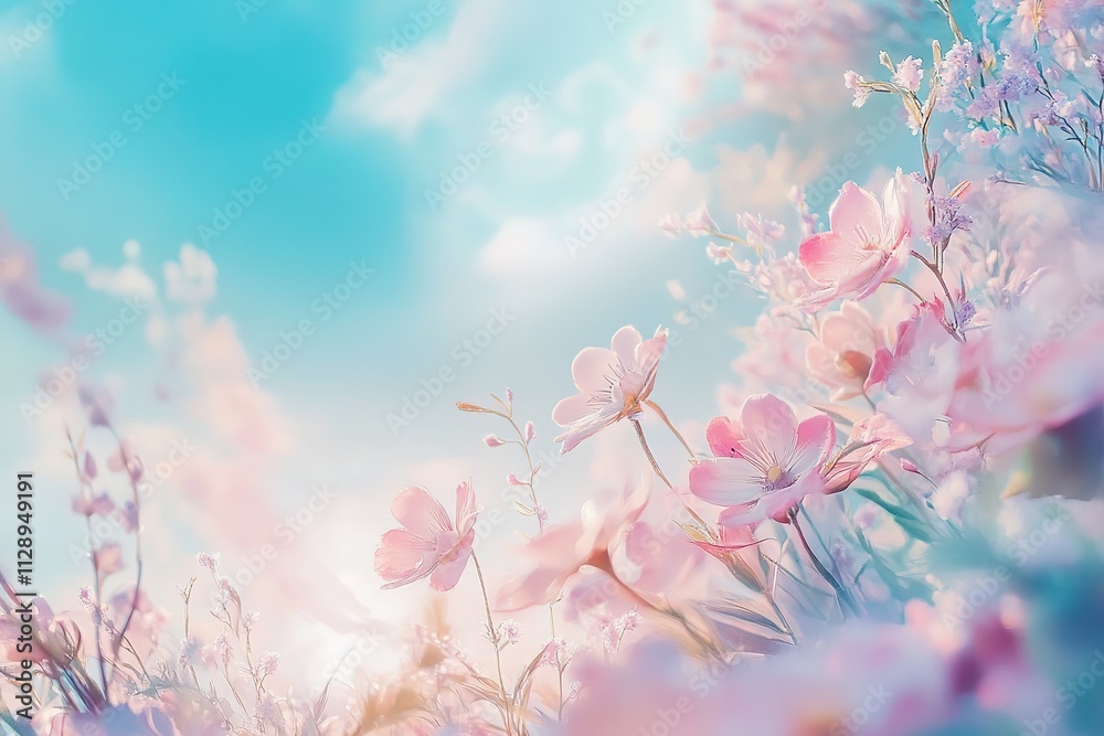 A field of pink flowers with a blue sky in the background A field of pink flowers with a blue sky in the background